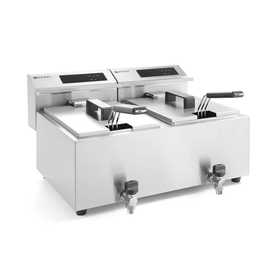 Olajsütő Profi Line digitális leeresztő csappal – 2 x 8 l, HENDI, Profi Termékcsalád, 16L, 230V/7000W, 605x515x(H)350mm
