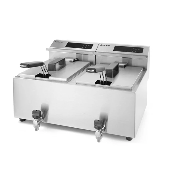 Olajsütő Profi Line digitális leeresztő csappal – 2 x 8 l, HENDI, Profi Termékcsalád, 16L, 230V/7000W, 605x515x(H)350mm