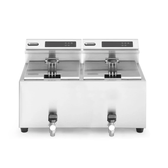 Olajsütő Profi Line digitális leeresztő csappal – 2 x 8 l, HENDI, Profi Termékcsalád, 16L, 230V/7000W, 605x515x(H)350mm