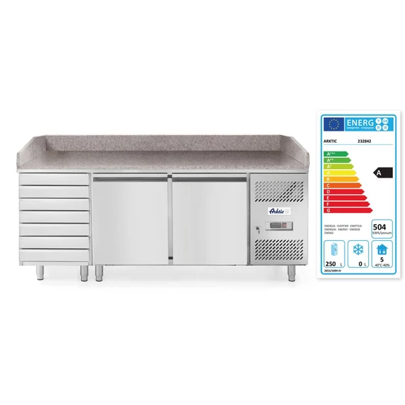 Kétajtós pizza munkaasztal 7 fiókkal 280L, Arktic, 250L, 230V/250W, 2020x802x(H)1000mm