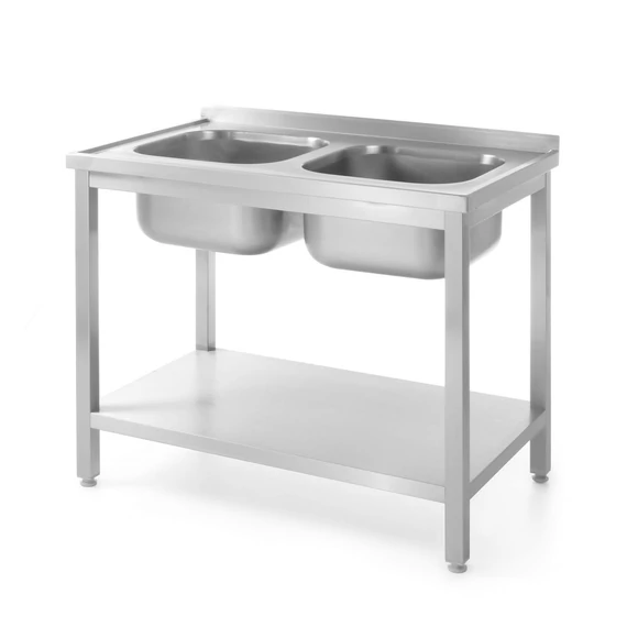 Asztal 2 mosogatóval és polccal – csavarozott, mélység: 600 mm, HENDI, Profi Termékcsalád, 1000x600x(H)850mm
